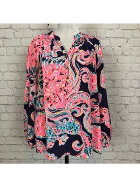 Lilly Pulitzer 100% Silk Elsa Blouse Size S Pop Up For The Halibut